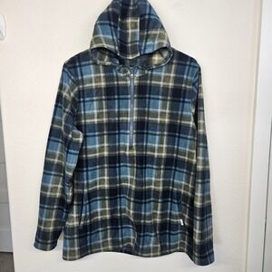 ONeill Men's Fleece Hoodie Quarter Zip Plaid Pullover Blue Green Size Medium